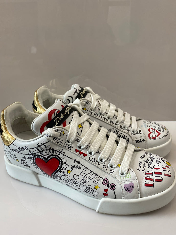 DOLCE &amp; GABBANA PORTOFINO GRAFFITI PRINT LEATHER LOW-TOP SNEAKERS