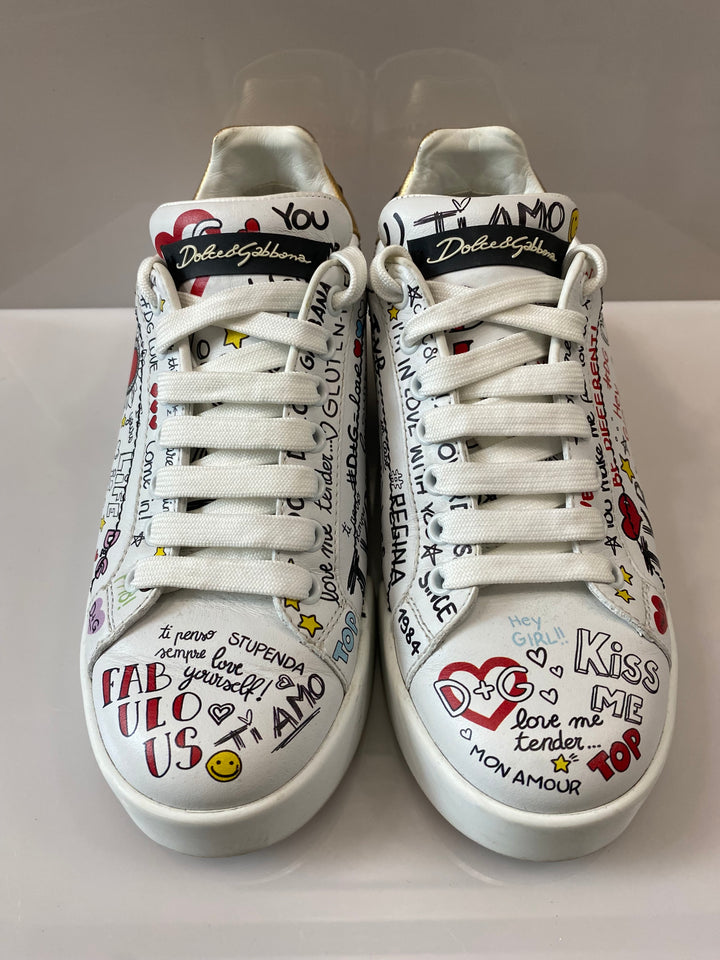 DOLCE &amp; GABBANA PORTOFINO GRAFFITI PRINT LEATHER LOW-TOP SNEAKERS