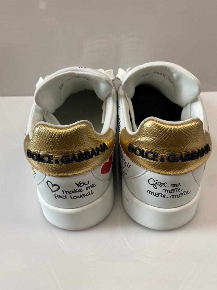 DOLCE &amp; GABBANA PORTOFINO GRAFFITI PRINT LEATHER LOW-TOP SNEAKERS