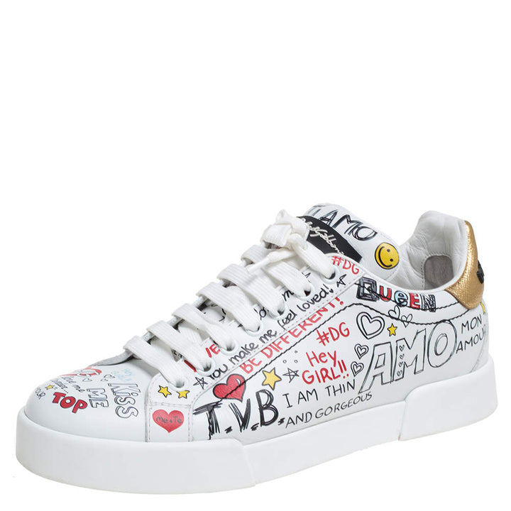 DOLCE &amp; GABBANA PORTOFINO GRAFFITI PRINT LEATHER LOW-TOP SNEAKERS