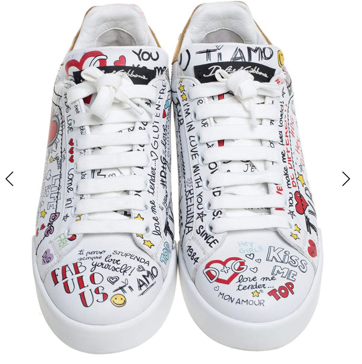 DOLCE &amp; GABBANA PORTOFINO GRAFFITI PRINT LEATHER LOW-TOP SNEAKERS