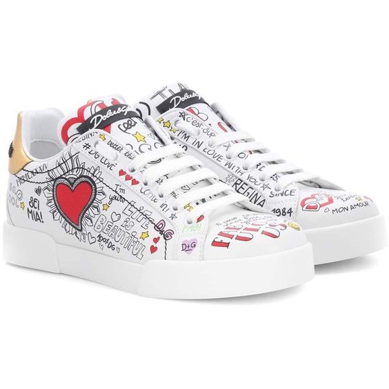 DOLCE &amp; GABBANA PORTOFINO GRAFFITI PRINT LEATHER LOW-TOP SNEAKERS