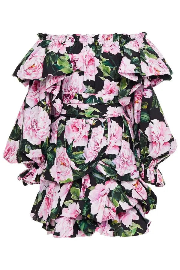 DOLCE &amp; GABBANA OFF SHOULDER RUFFLED FLORAL MINI DRESS