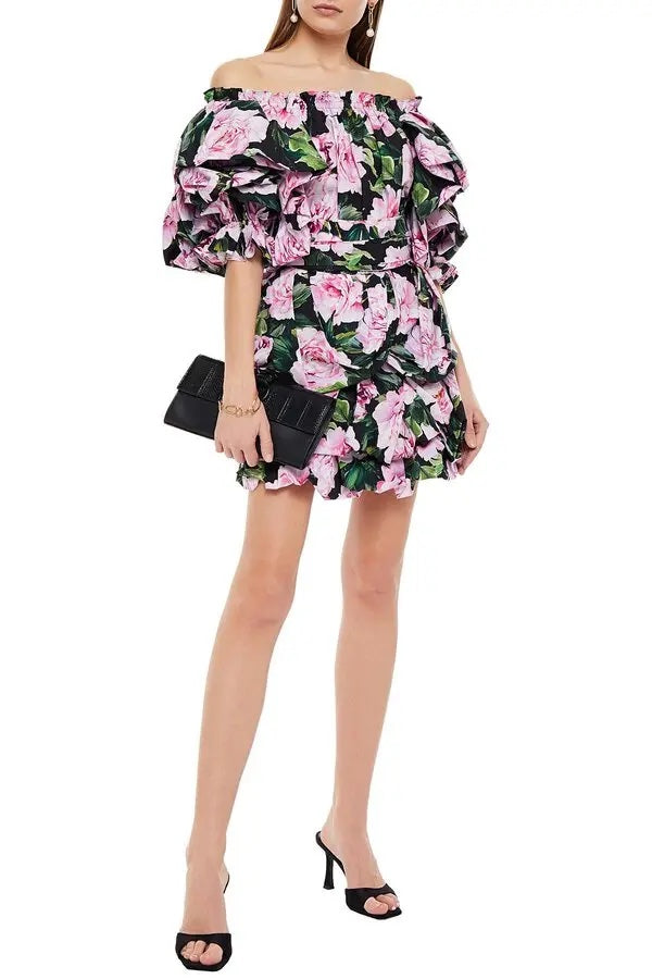 DOLCE &amp; GABBANA OFF SHOULDER RUFFLED FLORAL MINI DRESS