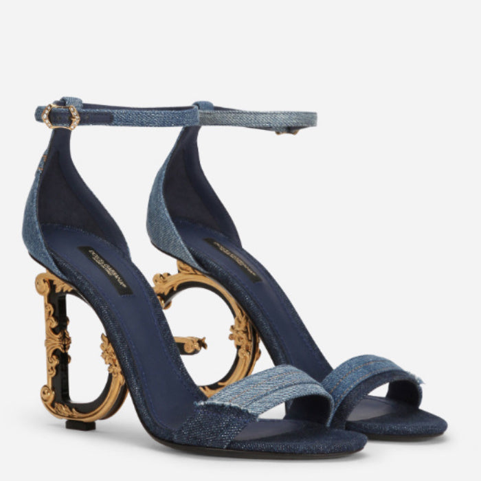 DOLCE &amp; GABBANA PATCHWORK DENIM BAROQUE DG HEEL SANDALS
