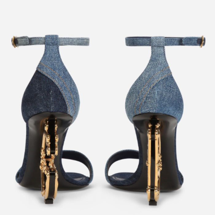 DOLCE &amp; GABBANA PATCHWORK DENIM BAROQUE DG HEEL SANDALS