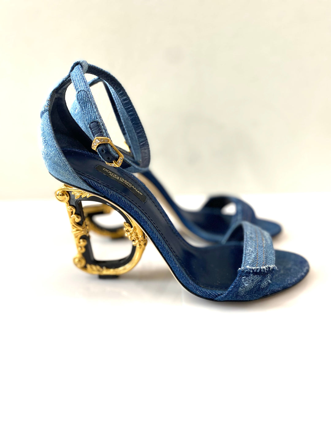 DOLCE &amp; GABBANA PATCHWORK DENIM BAROQUE DG HEEL SANDALS