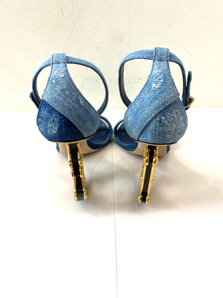 DOLCE &amp; GABBANA PATCHWORK DENIM BAROQUE DG HEEL SANDALS