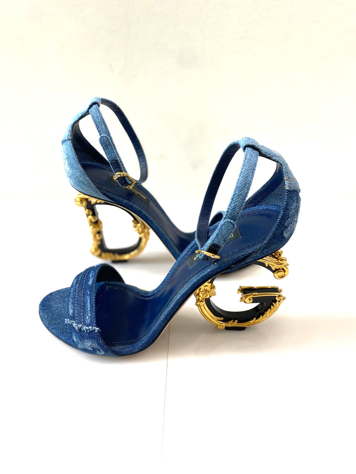 DOLCE &amp; GABBANA PATCHWORK DENIM BAROQUE DG HEEL SANDALS