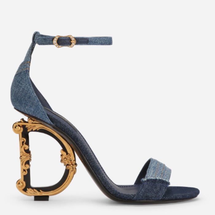 DOLCE &amp; GABBANA PATCHWORK DENIM BAROQUE DG HEEL SANDALS