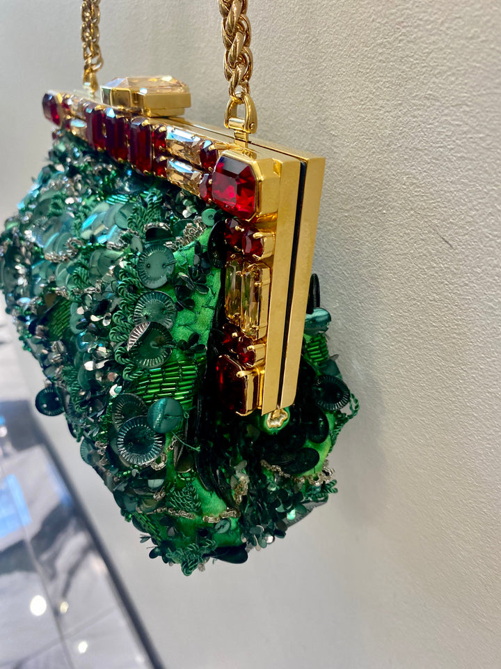DOLCE &amp; GABBANA BAROQUE SEQUIN CRYSTALS BAG IN GREEN
