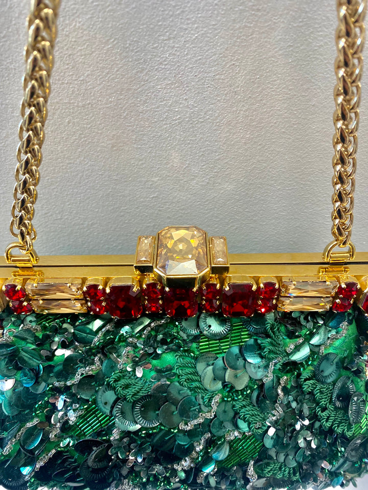 DOLCE &amp; GABBANA BAROQUE SEQUIN CRYSTALS BAG IN GREEN