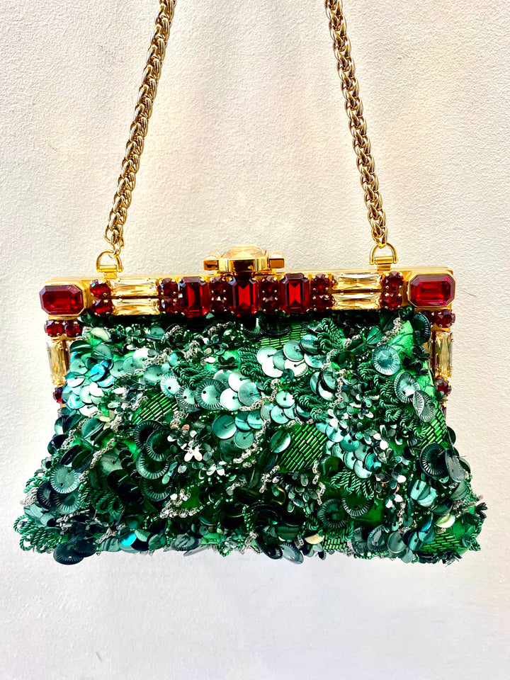 DOLCE &amp; GABBANA BAROQUE SEQUIN CRYSTALS BAG IN GREEN