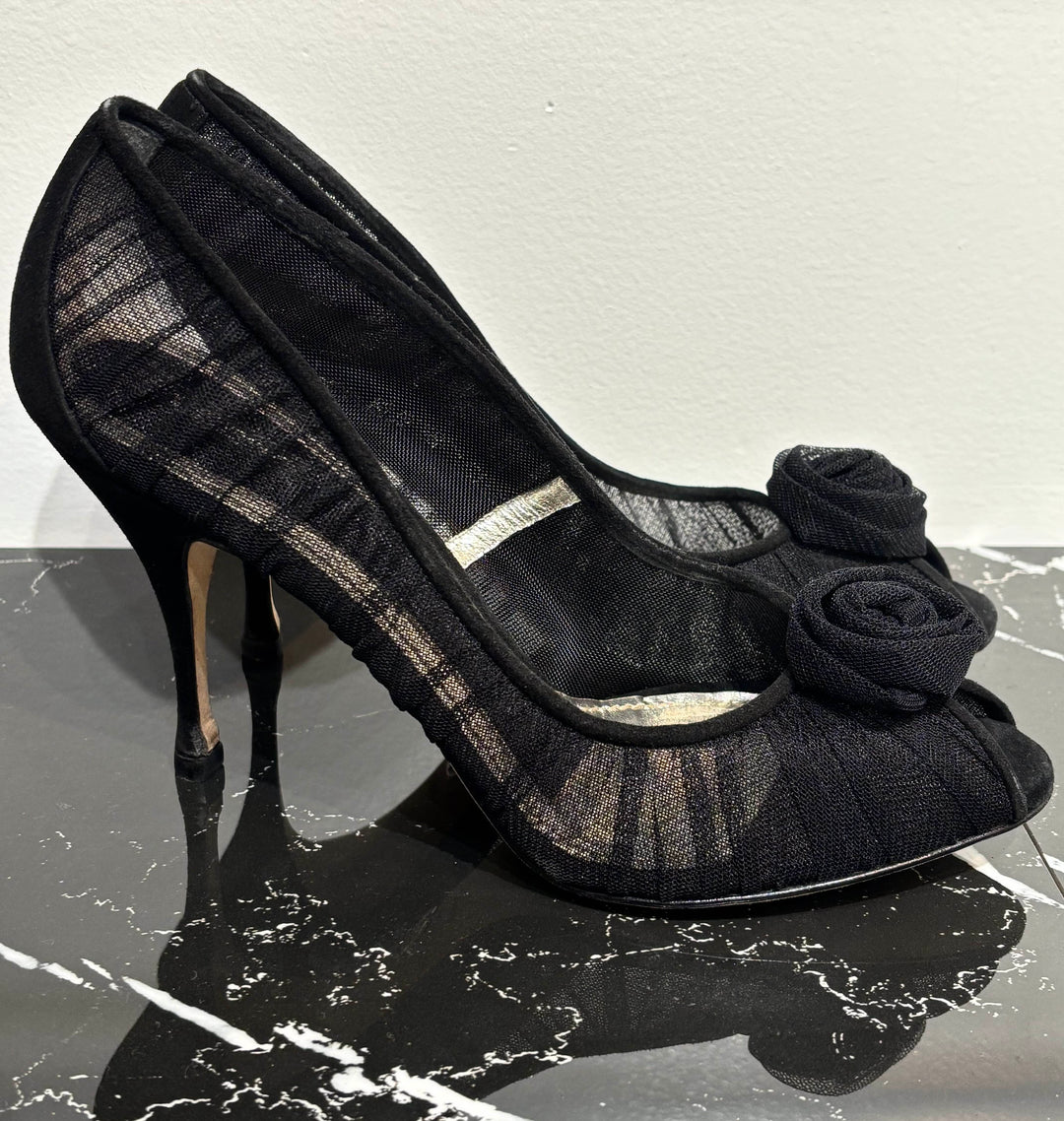 DOLCE &amp; GABBANA ROSE APPLIQUE TULLE MESH  PUMPS