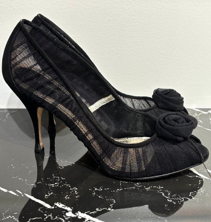 DOLCE &amp; GABBANA ROSE APPLIQUE TULLE MESH  PUMPS