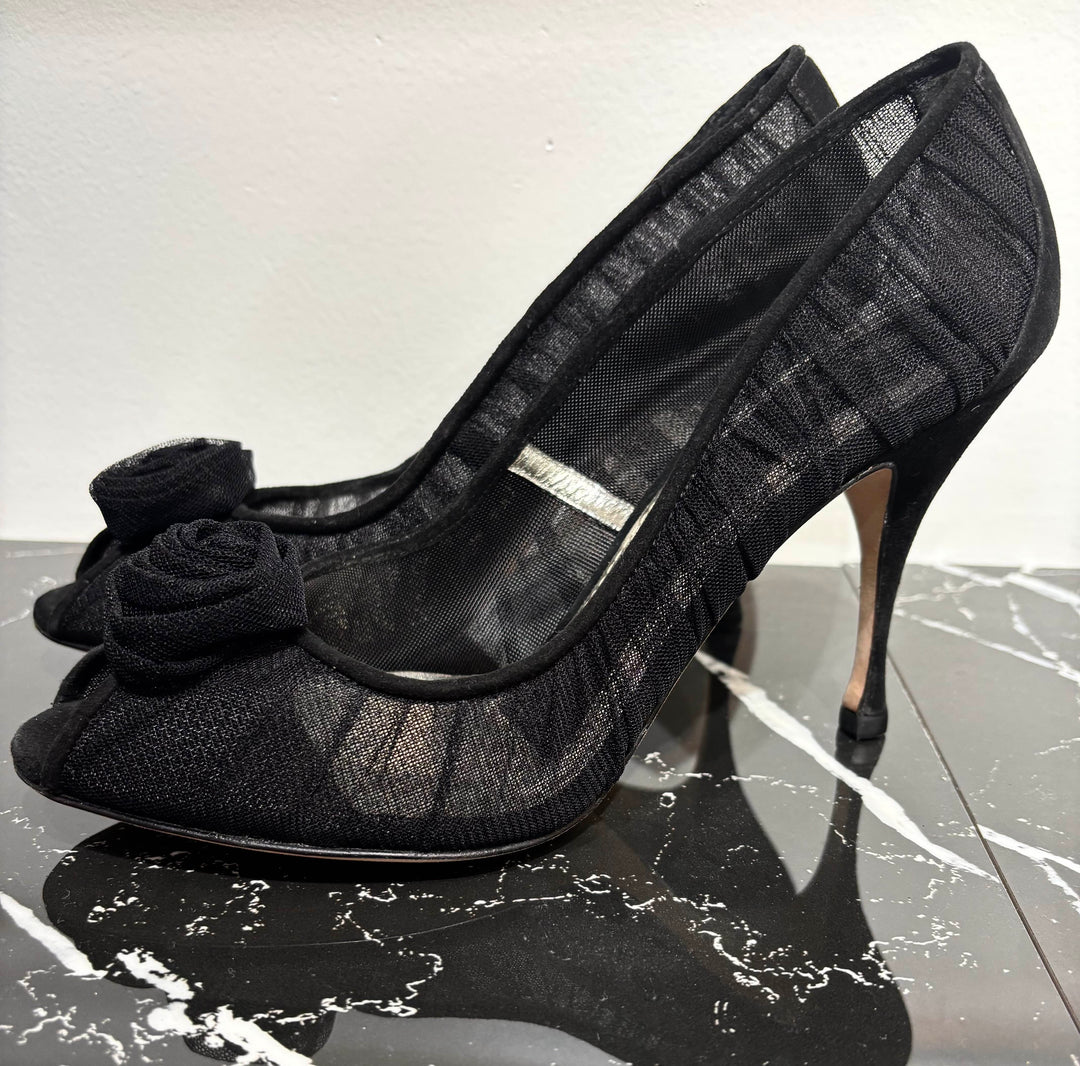DOLCE &amp; GABBANA ROSE APPLIQUE TULLE MESH  PUMPS