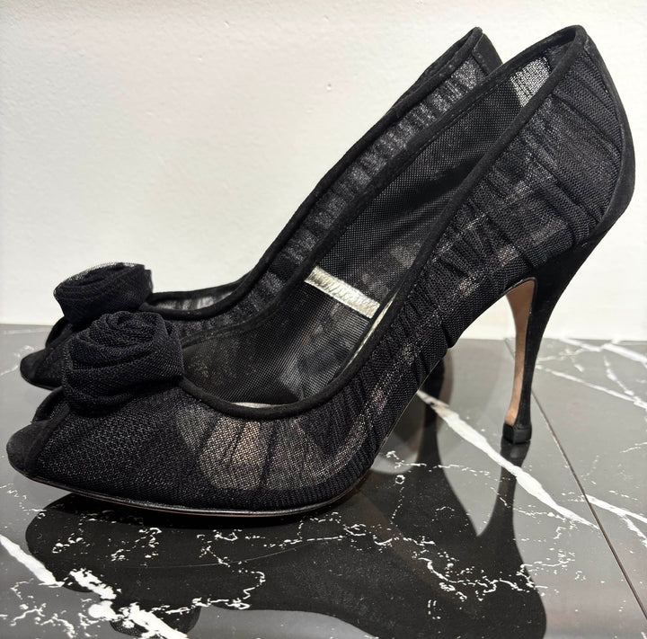 DOLCE &amp; GABBANA ROSE APPLIQUE TULLE MESH  PUMPS