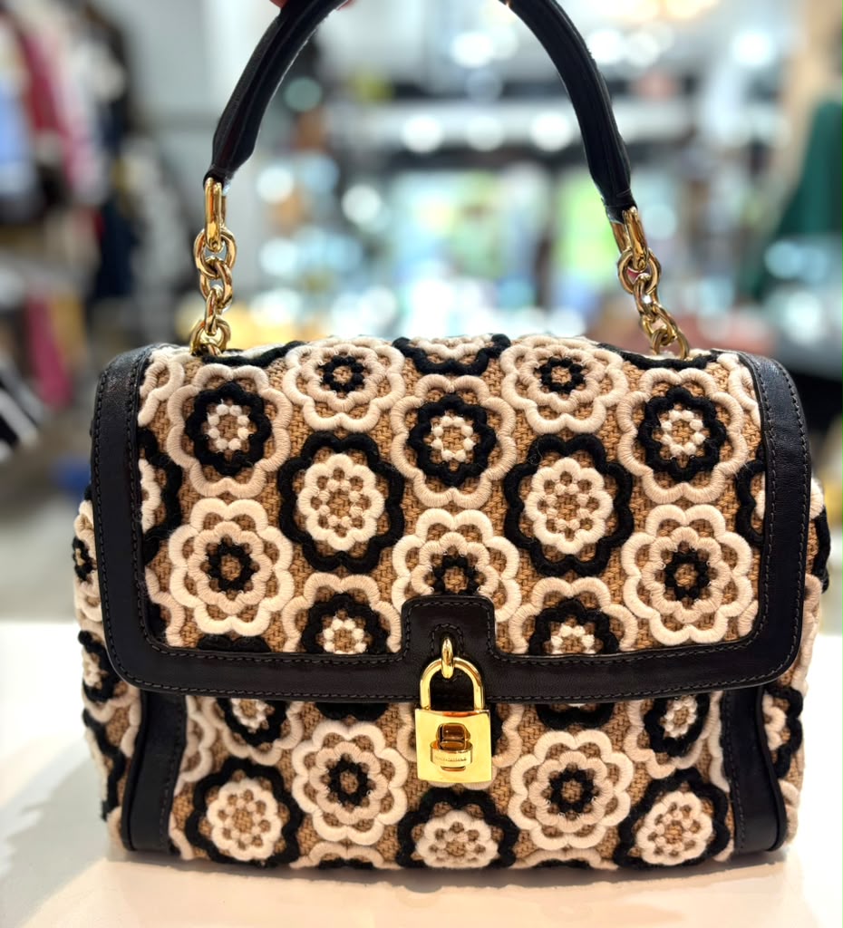 DOLCE &amp; GABBANA CROCHET RAFFIA LEATHER TRIMMED PADLOCK FLAP BAG