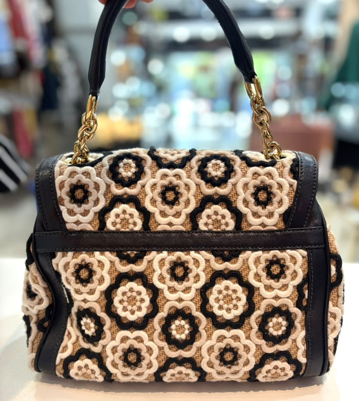 DOLCE &amp; GABBANA CROCHET RAFFIA LEATHER TRIMMED PADLOCK FLAP BAG