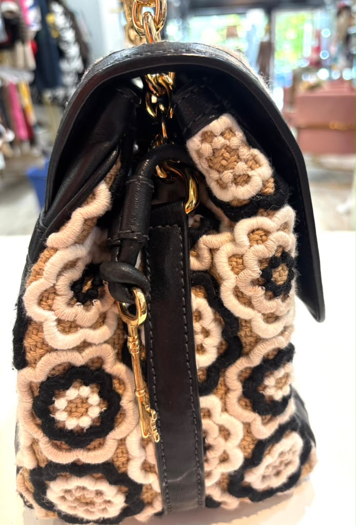 DOLCE &amp; GABBANA CROCHET RAFFIA LEATHER TRIMMED PADLOCK FLAP BAG