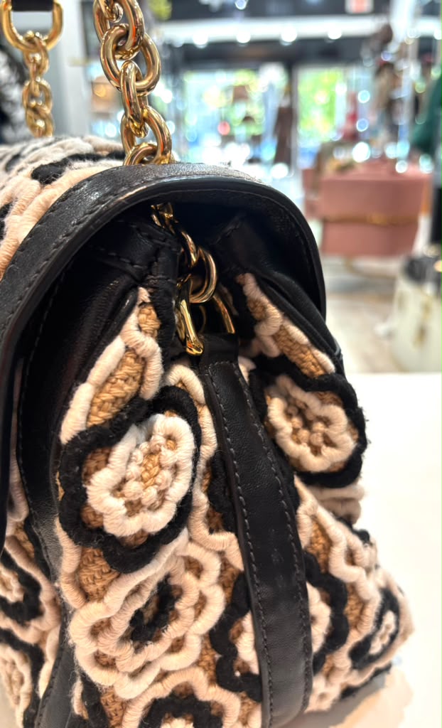 DOLCE &amp; GABBANA CROCHET RAFFIA LEATHER TRIMMED PADLOCK FLAP BAG