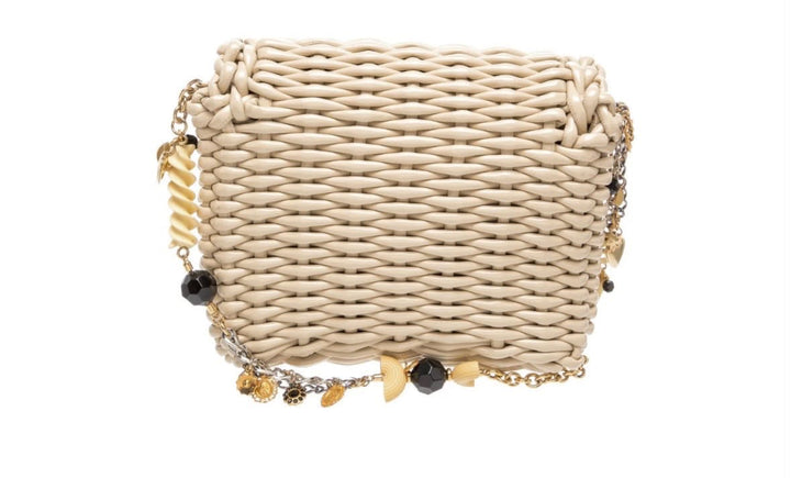 DOLCE &amp; GABBANA PATENT-FINISH WOVEN CHARMS CHAIN CROSSBODY BAG