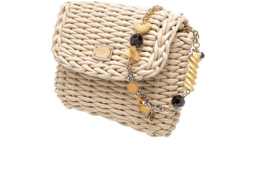 DOLCE &amp; GABBANA PATENT-FINISH WOVEN CHARMS CHAIN CROSSBODY BAG