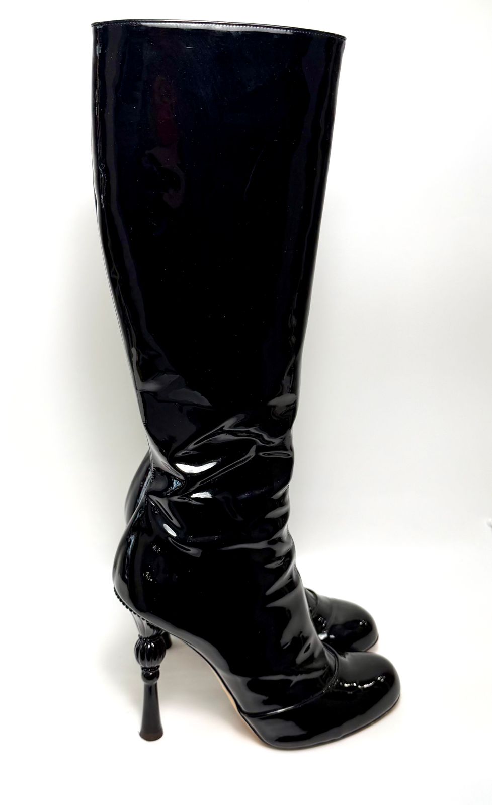 DOLCE &amp; GABBANA PATENT LEATHER BAROQUE HEEL TALL BOOTS