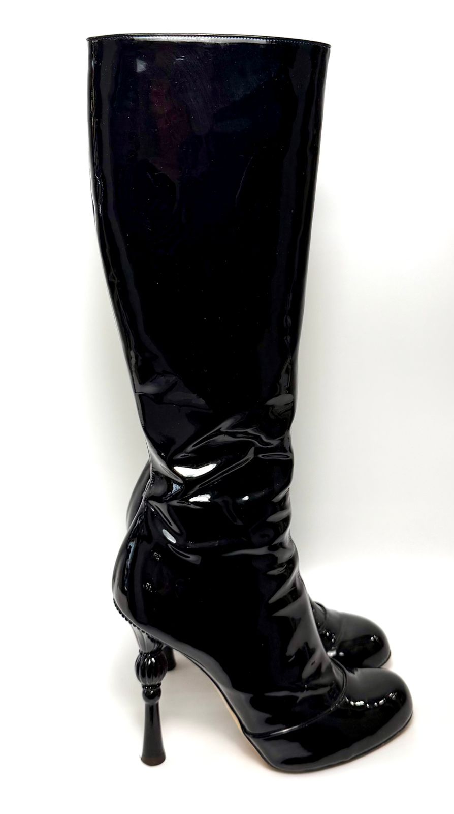 DOLCE &amp; GABBANA PATENT LEATHER BAROQUE HEEL TALL BOOTS