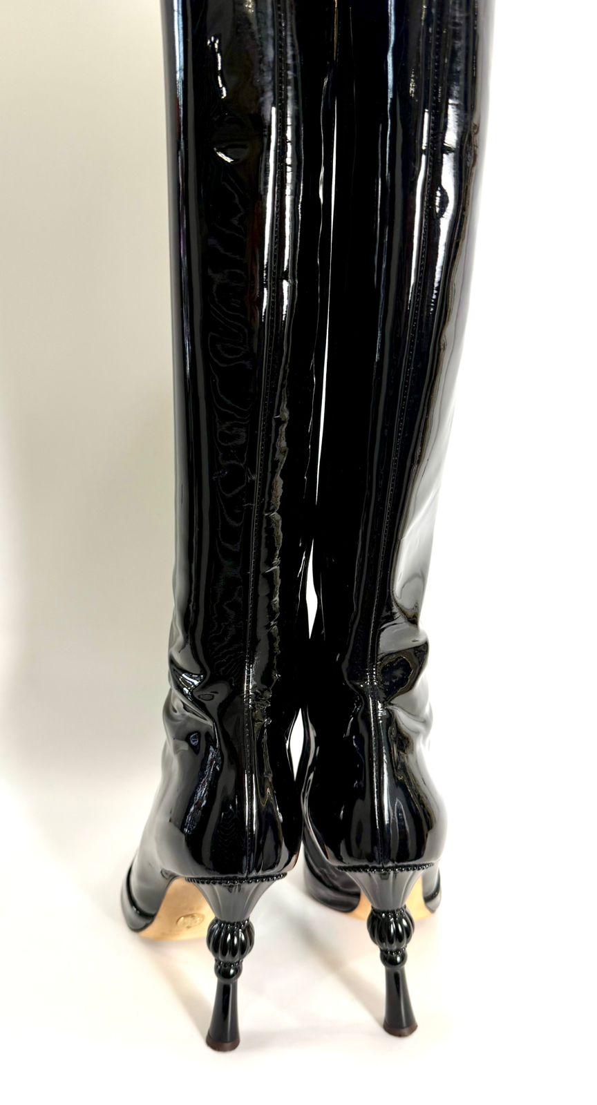 DOLCE &amp; GABBANA PATENT LEATHER BAROQUE HEEL TALL BOOTS