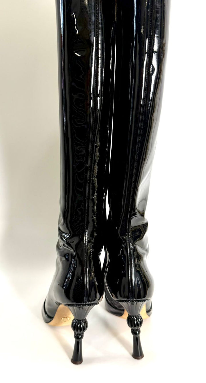 DOLCE &amp; GABBANA PATENT LEATHER BAROQUE HEEL TALL BOOTS