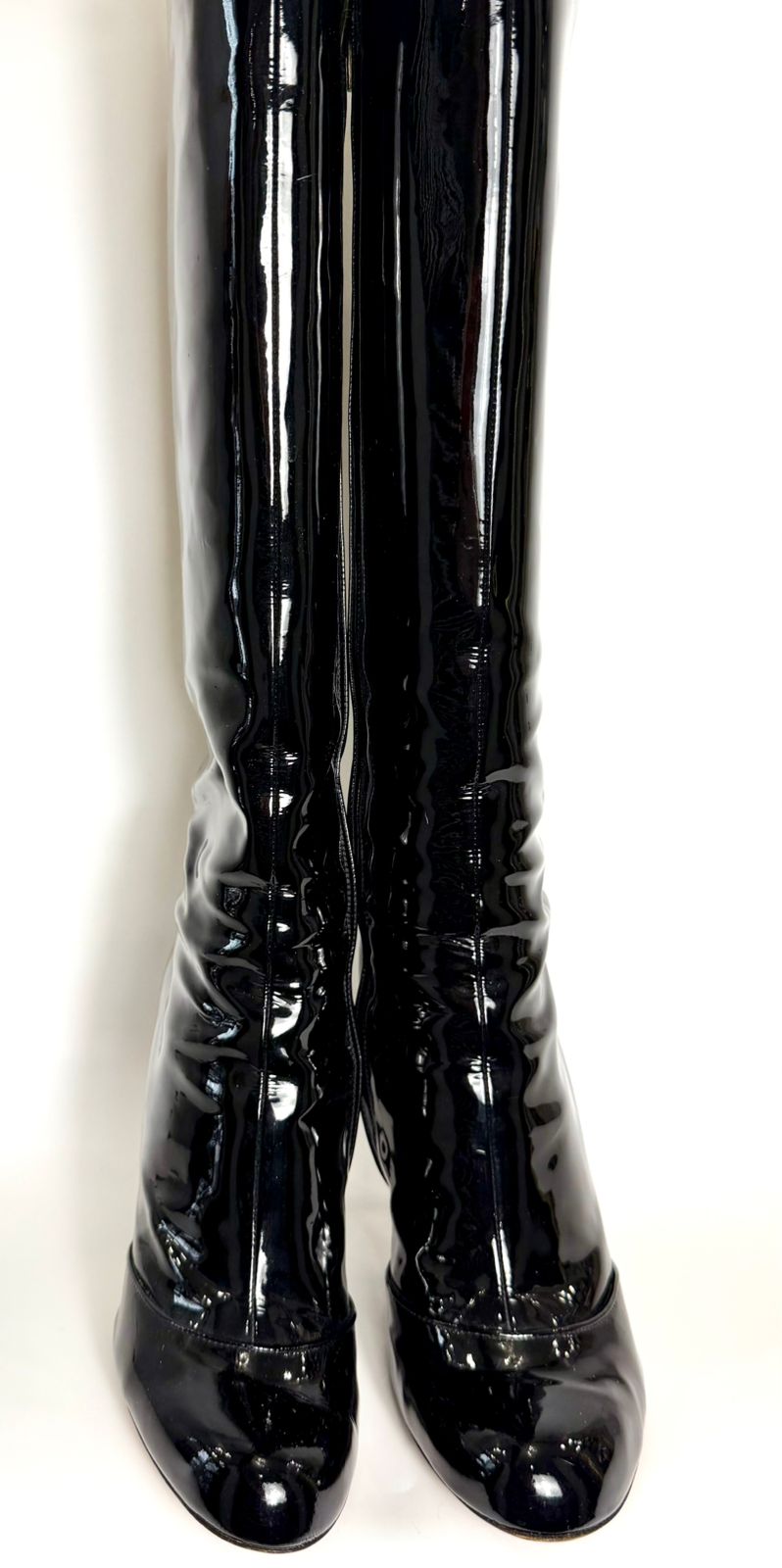 DOLCE &amp; GABBANA PATENT LEATHER BAROQUE HEEL TALL BOOTS