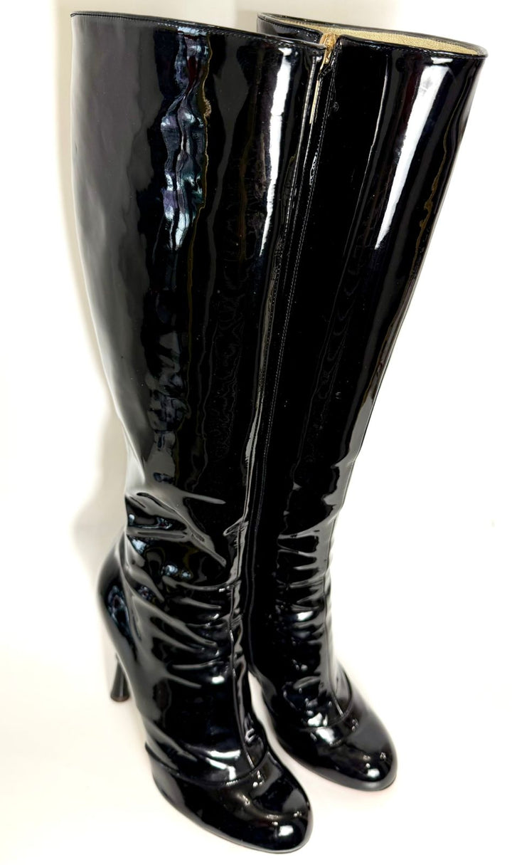 DOLCE &amp; GABBANA PATENT LEATHER BAROQUE HEEL TALL BOOTS