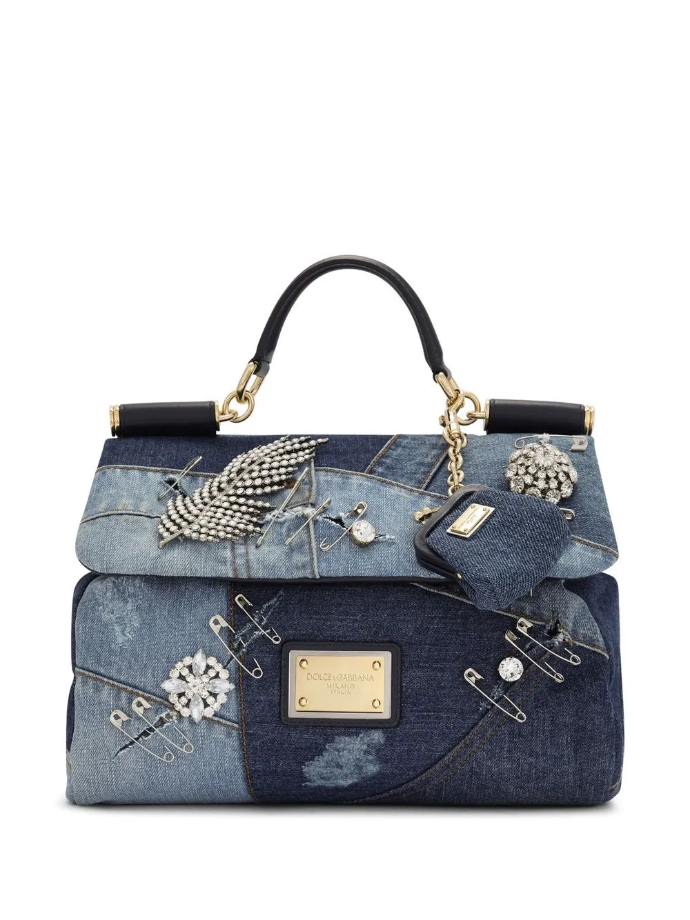 DOLCE &amp; GABBANA SICILY DENIM CRYSTAL PATCHWORK SHOULDER BAG