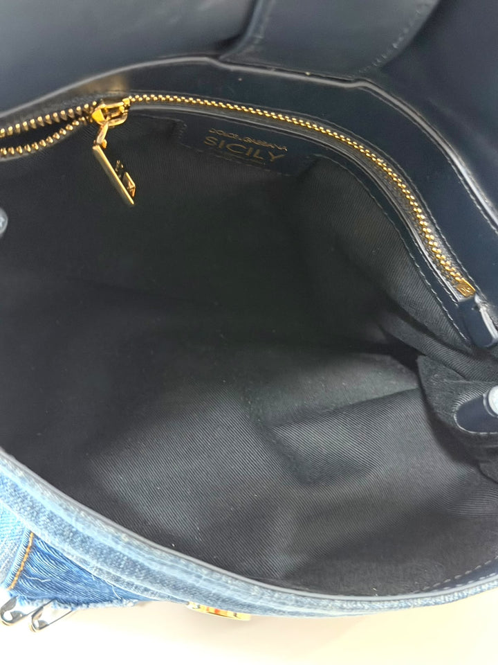 DOLCE &amp; GABBANA SICILY DENIM CRYSTAL PATCHWORK SHOULDER BAG