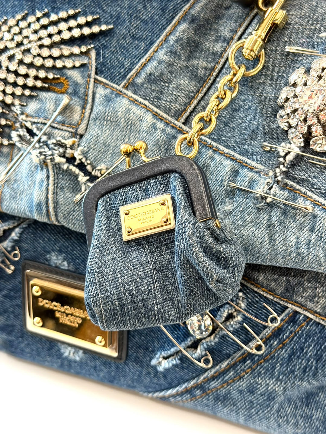 DOLCE &amp; GABBANA SICILY DENIM CRYSTAL PATCHWORK SHOULDER BAG