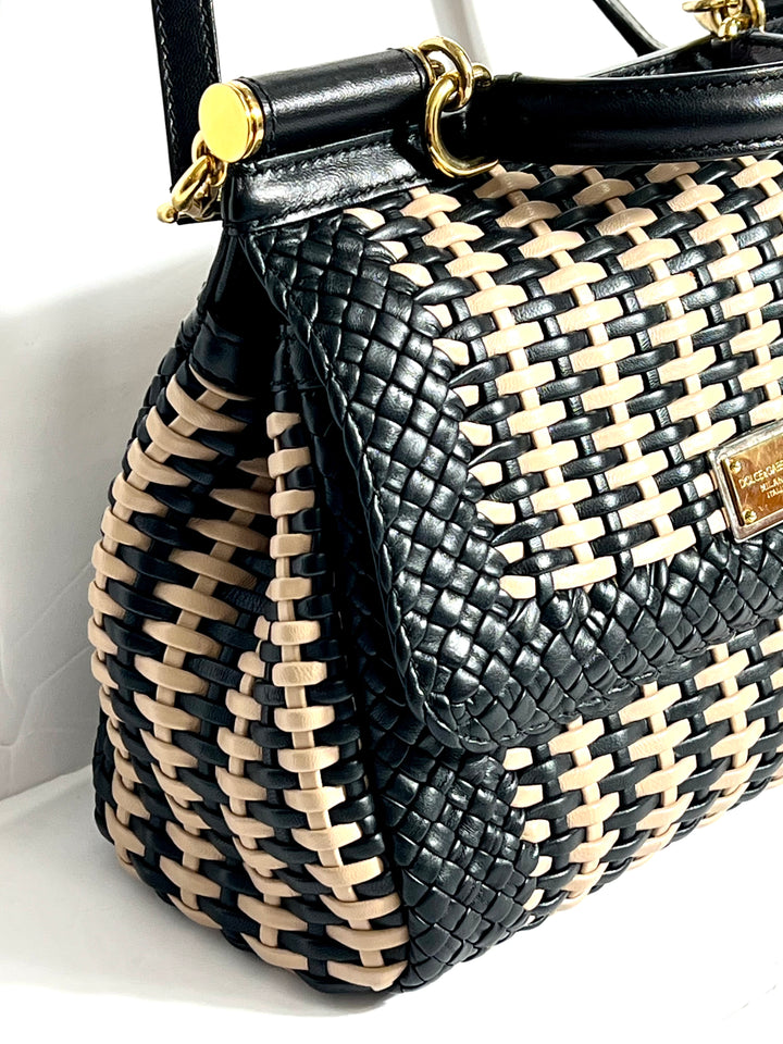 DOLCE &amp; GABBANA SICILY WOVEN LEATHER SMALL TOP HANDLE BAG