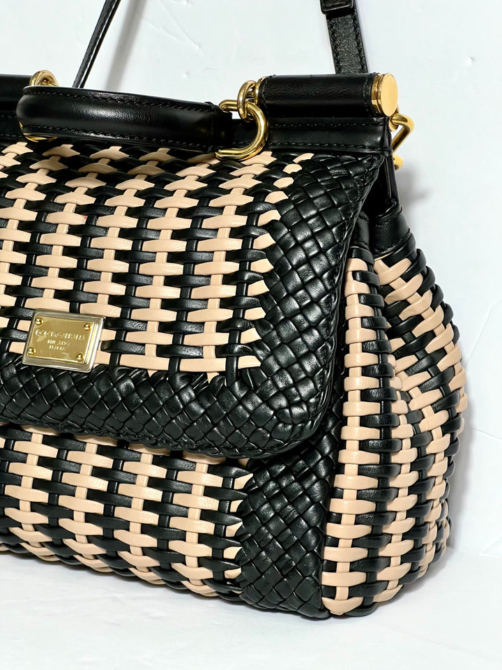 DOLCE &amp; GABBANA SICILY WOVEN LEATHER SMALL TOP HANDLE BAG