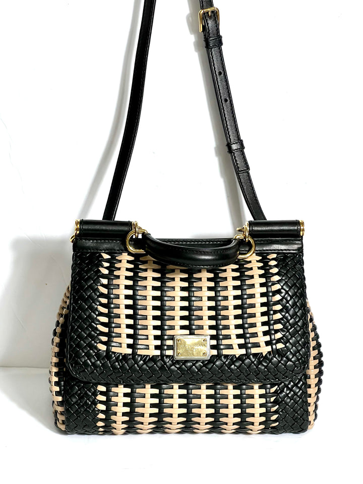 DOLCE &amp; GABBANA SICILY WOVEN LEATHER SMALL TOP HANDLE BAG