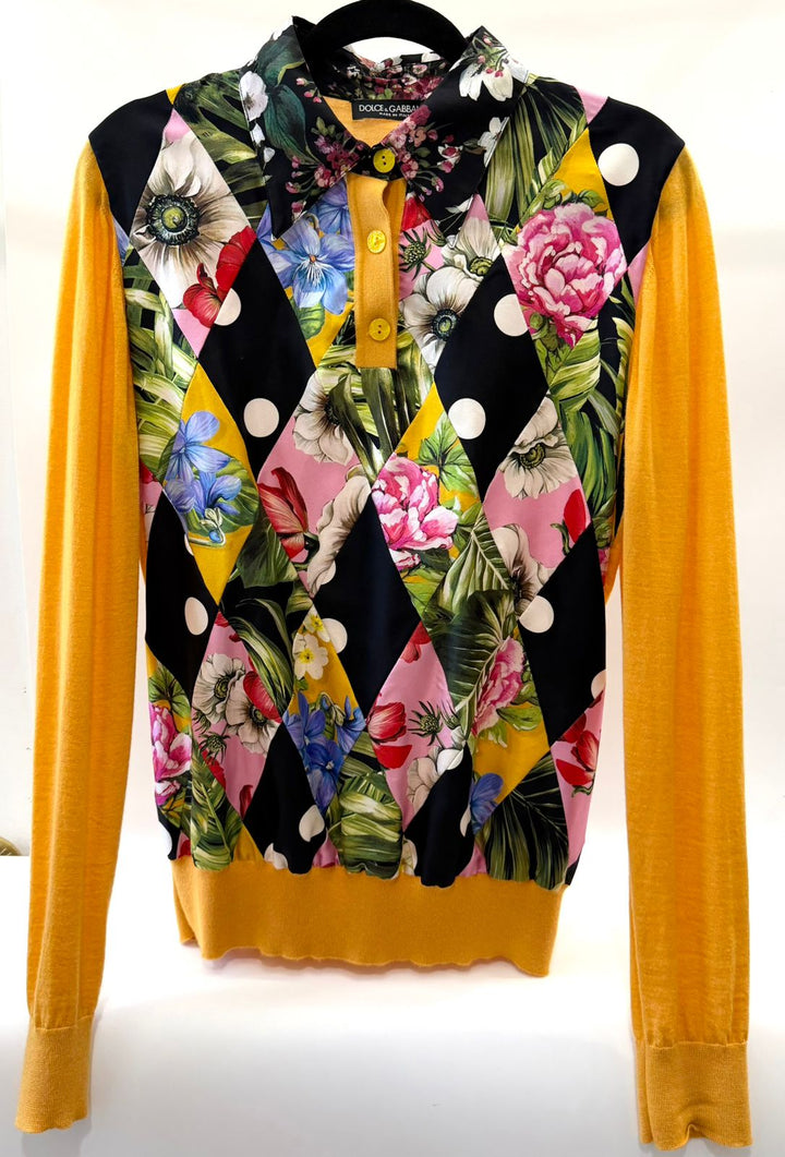 DOLCE &amp; GABBANA MULTICOLOR PATCHWORK SILK CASHMERE HENLEY SWEATER