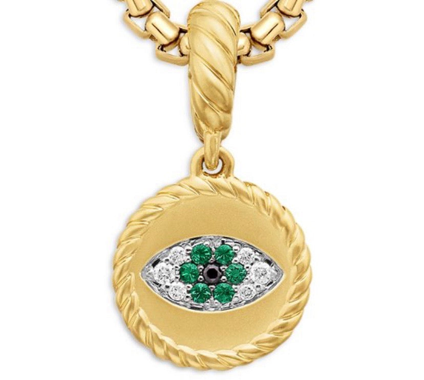 D.Y 18K YELLOW GOLD EVIL EYE AMULET WITH EMERALDS &amp; DIAMONDS PENDANT