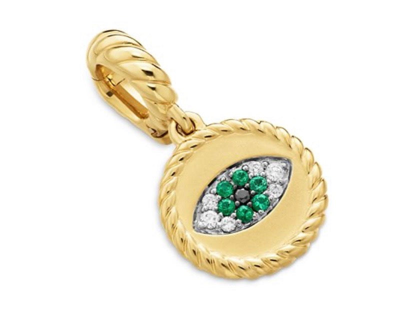D.Y 18K YELLOW GOLD EVIL EYE AMULET WITH EMERALDS &amp; DIAMONDS PENDANT