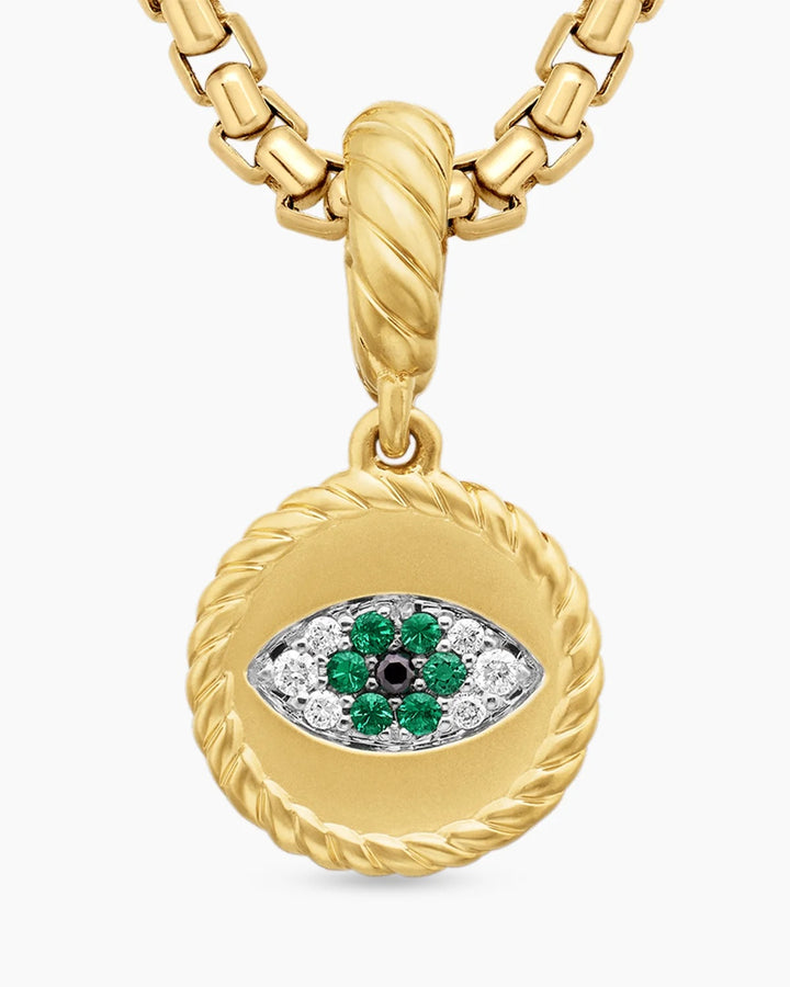 D.Y 18K YELLOW GOLD EVIL EYE AMULET WITH EMERALDS &amp; DIAMONDS PENDANT