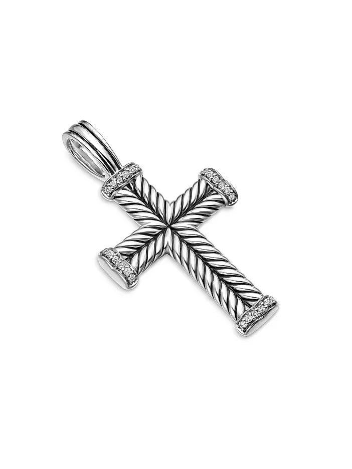 DY STERLING SILVER CHEVRON PAVÉ DIAMONDS CROSS PENDANT