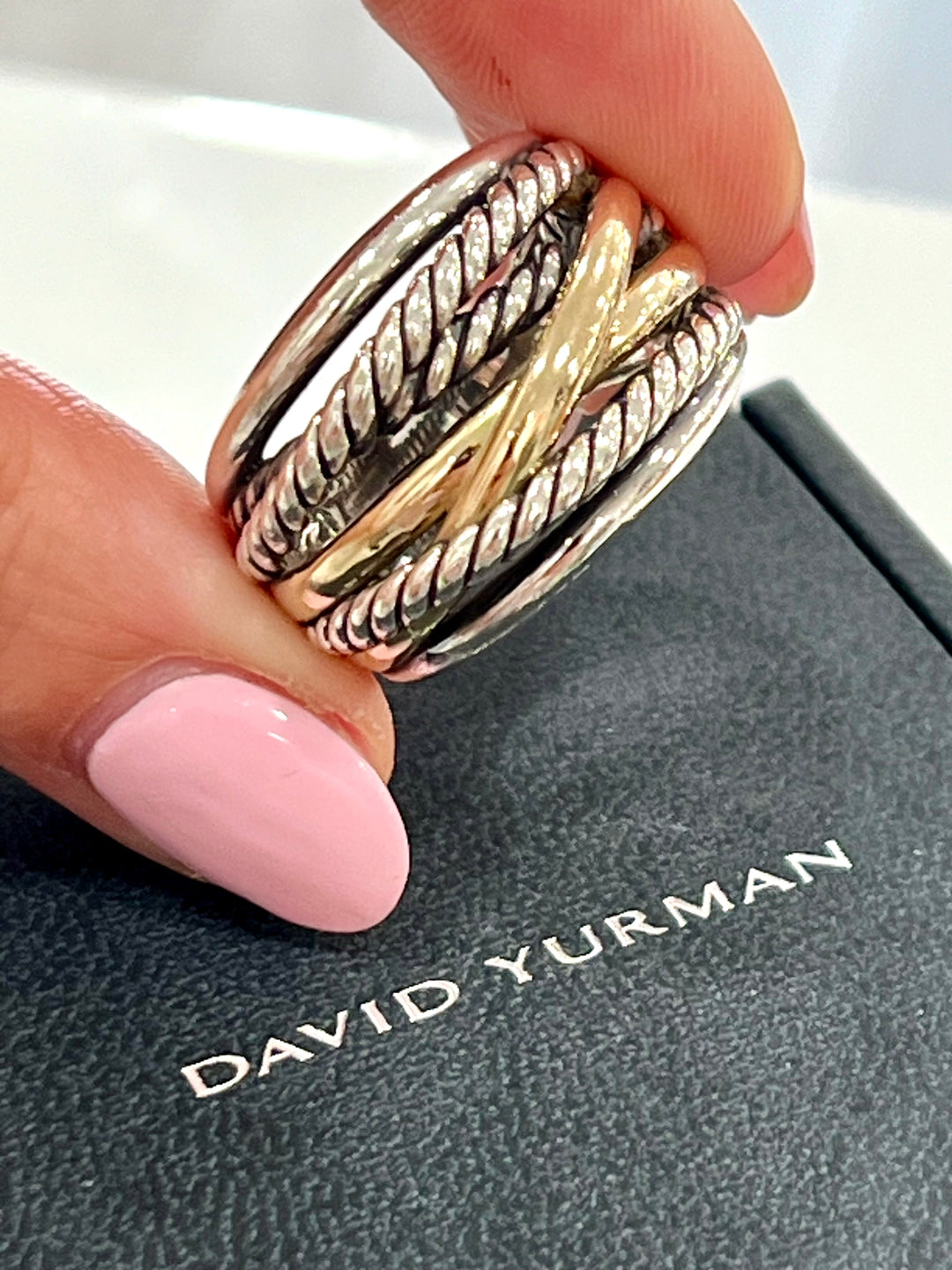 DY STERLING SILVER 14K YELLOW GOLD CROSSOVER WIDE RING