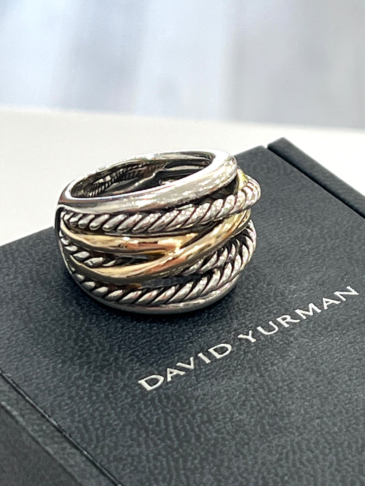 DY STERLING SILVER 14K YELLOW GOLD CROSSOVER WIDE RING