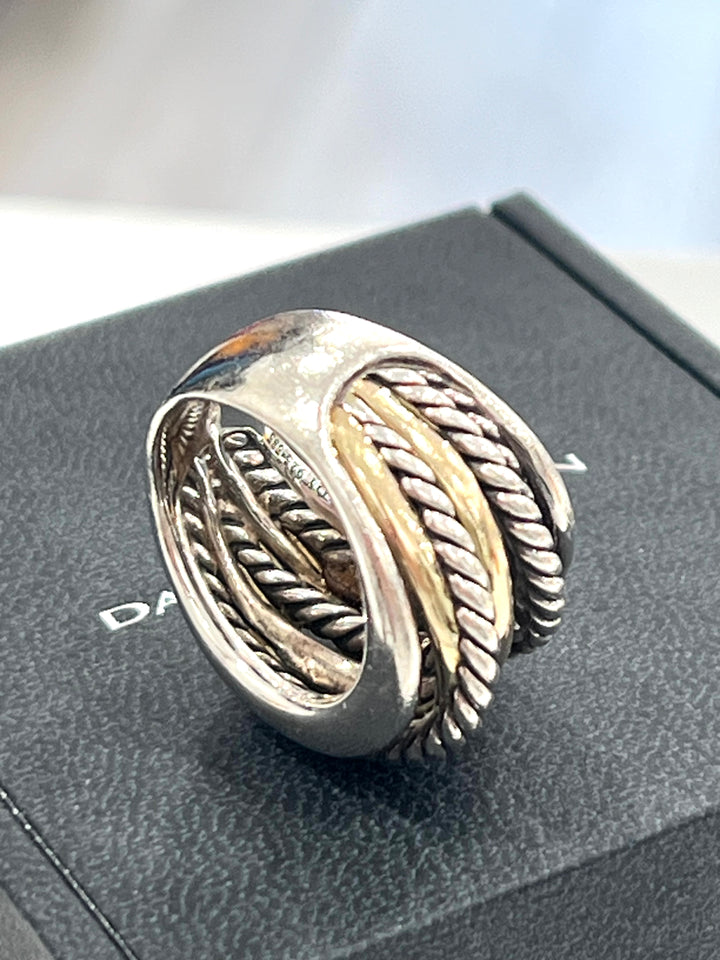 DY STERLING SILVER 14K YELLOW GOLD CROSSOVER WIDE RING