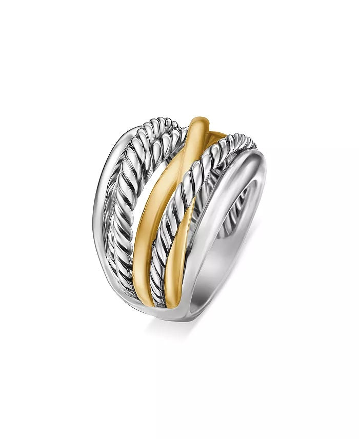 DY STERLING SILVER 14K YELLOW GOLD CROSSOVER WIDE RING
