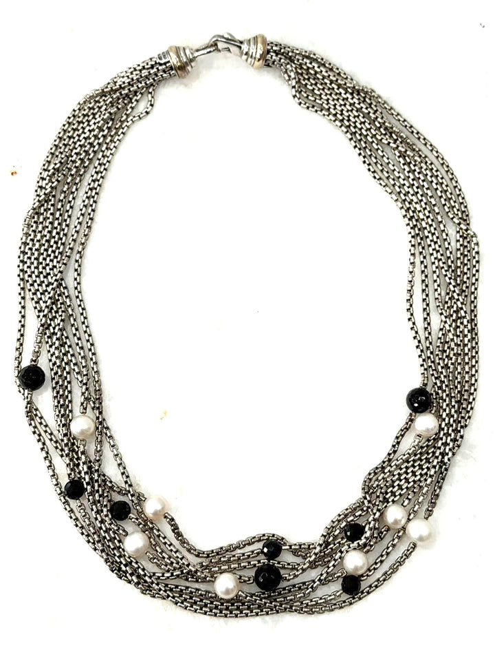 DY STERLING SILVER 18K GOLD MULTI-STRAND PEARL &amp; ONYX BEAD NECKLACE