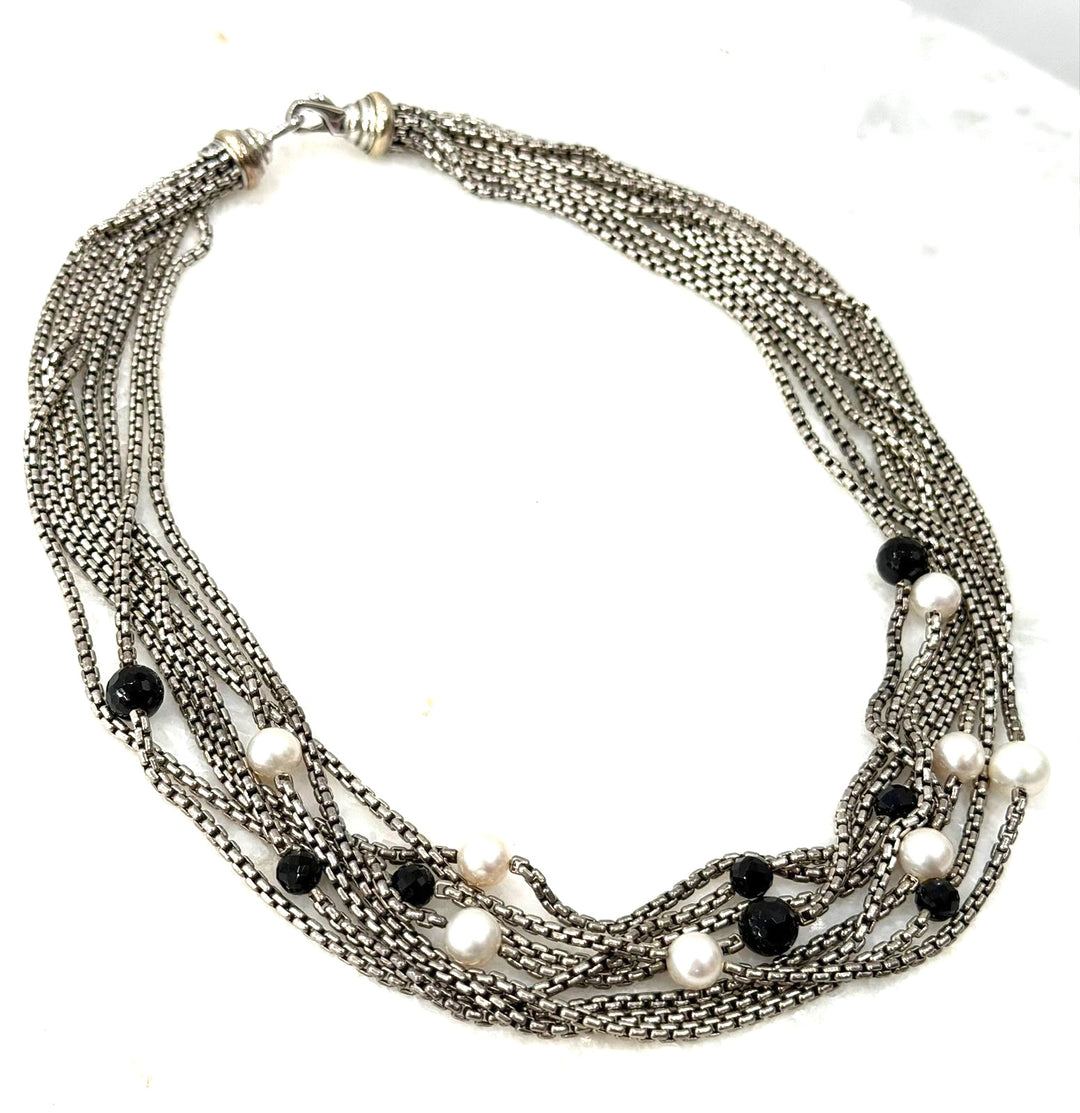 DY STERLING SILVER 18K GOLD MULTI-STRAND PEARL &amp; ONYX BEAD NECKLACE